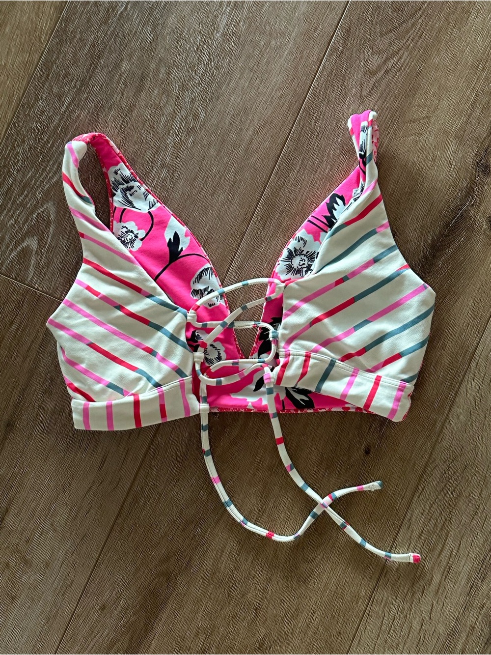 Striped Floral Lace-Up Bikini Top - Pink & White
